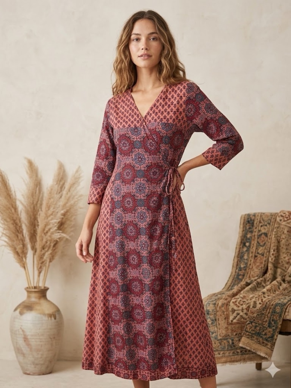 April Cornell Boho Geometric Mandala Print Maxi Wrap Dress Sz Small 100% cotton